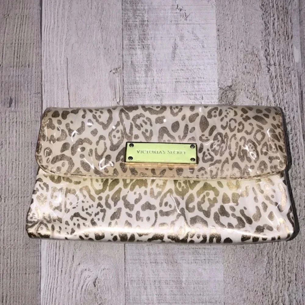 Victorias Secret gold cheetah print makeup cosmetics bag